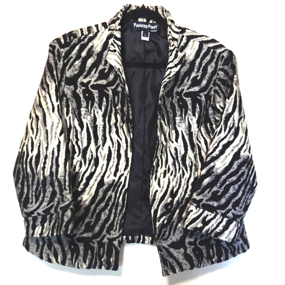Painted Pony Vintage Zebra Tapestry Open Front 3/4 Sleeve Jacket Size Large  EUC